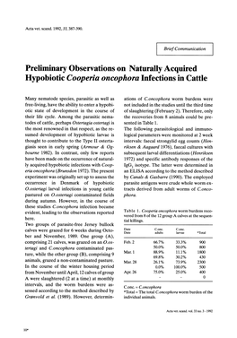 Preliminary Observations on Naturally Acquired Hypobiotic Cooperia Oncophora Infections in Cattle