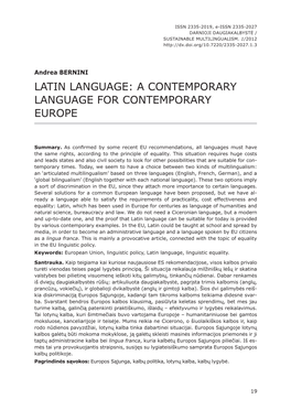 Latin Language: a Contemporary Language for Contemporary Europe