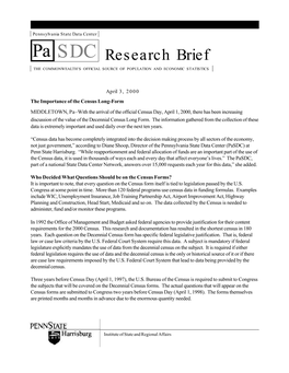 Research Brief the COMMONWEALTH’S OFFICIAL SOURCE of POPULATION and ECONOMIC STATISTICS