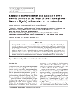 Ecological Characterization and Evaluation of the Floristic Potential of the Forest of Doui Thabet (Saida - Western Algeria) in the Context of the Restoration