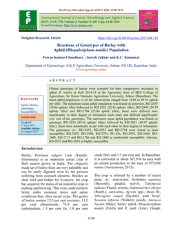 Reactions of Genotypes of Barley with Aphid (Rhopalosiphum Maidis) Population