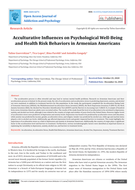 Acculturative Influences on Psychological Well-Being and Health Risk Behaviors in Armenian Americans