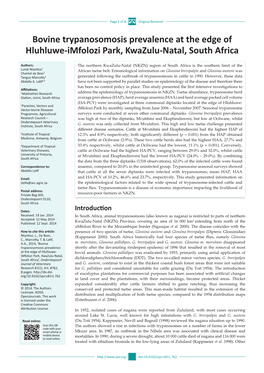 Bovine Trypanosomosis Prevalence at the Edge of Hluhluwe-Imfolozi Park, Kwazulu-Natal, South Africa