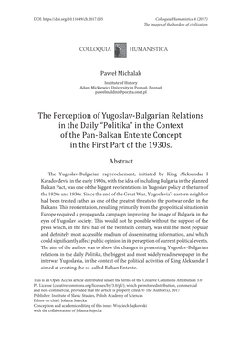 The Perception of Yugoslav-Bulgarian Relations in the Daily “Politika” in the Context of the Pan-Balkan Entente Concept in the First Abstractpart of the 1930S