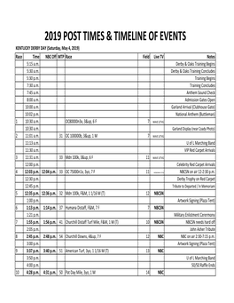 TIMELINE of EVENTS KENTUCKY DERBY DAY (Saturday, May 4, 2019) Race Time NBC Off MTP Race Field Live TV Notes 5:15 A.M