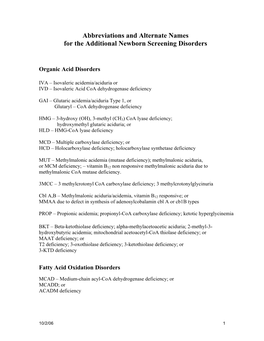 Abbreviations and Alternate Names for the Additional Newborn Screening Disorders