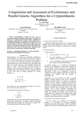 Comparision and Assesment of Evolutionary and Parallel Genetic Algorithms for a Cryptarithmetic Problem Dr