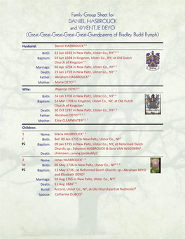 Family Group Sheet for DANIEL HASBROUCK and WYENTJE DEYO