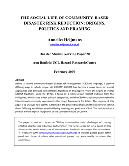 The Social Life of Community-Based Disaster Risk Reduction: Origins, Politics and Framing