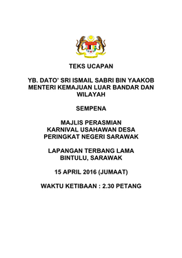Teks Ucapan Yb. Dato' Sri Ismail Sabri Bin Yaakob