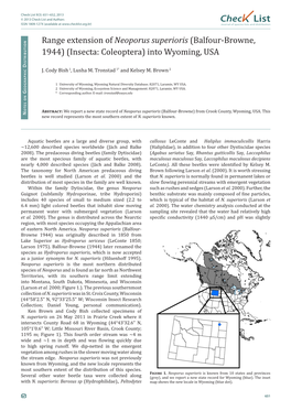 Range Extension of Neoporus Superioris (Balfour-Browne, 1944) (Insecta: Coleoptera) Into Wyoming, USA Istributio