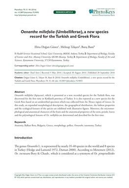 Oenanthe Millefolia (Umbelliferae), a New Species Record for the Turkish and Greek Flora