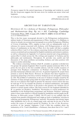 (CA) Huffman Archytas of Tarentum. Pythagorean, Philosopher And