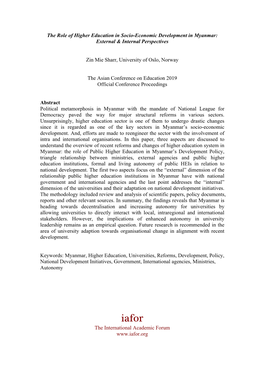 The Role of Higher Education in Socio-Economic Development in Myanmar: External & Internal Perspectives