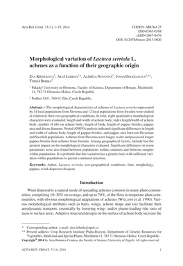 Morphological Variation of Lactuca Serriola L. Achenes As a Function of Their Geographic Origin