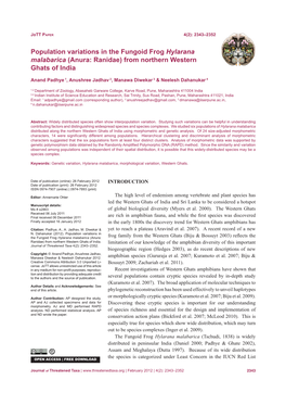 Population Variations in the Fungoid Frog Hylarana Malabarica (Anura: Ranidae) from Northern Western Ghats of India