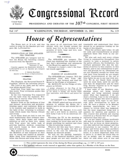 Congressional Record United States of America PROCEEDINGS and DEBATES of the 107Th CONGRESS, FIRST SESSION