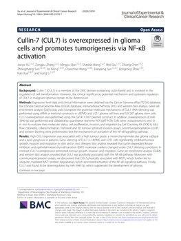 Cullin-7 (CUL7) Is Overexpressed in Glioma Cells and Promotes Tumorigenesis Via NF-Κb Activation