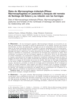 Dieta De Myrmecophaga Tridactyla (Pilosa: Myrmecophagidae) En Pastizales Y Bosques Del Noreste De Santiago Del Estero Y Su Relación Con Las Hormigas
