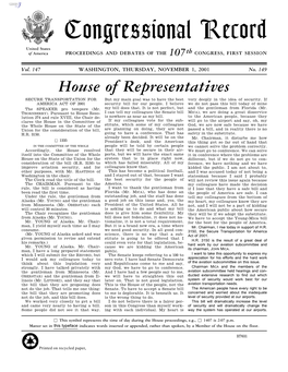 Congressional Record United States of America PROCEEDINGS and DEBATES of the 107Th CONGRESS, FIRST SESSION