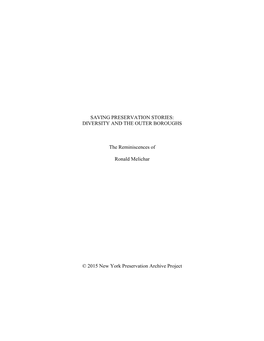 DIVERSITY and the OUTER BOROUGHS the Reminiscences of Ronald Melichar © 2015 New York Preservation