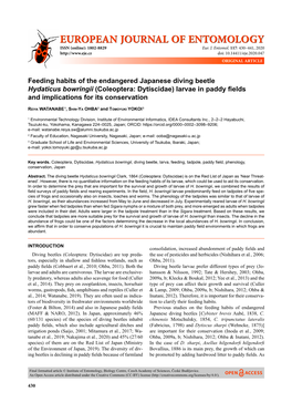 Feeding Habits of the Endangered Japanese Diving Beetle Hydaticus Bowringii (Coleoptera: Dytiscidae) Larvae in Paddy ﬁ Elds and Implications for Its Conservation