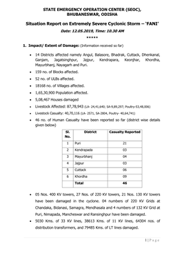 Situation Report on Extremely Severe Cyclonic Storm – 'FANI'