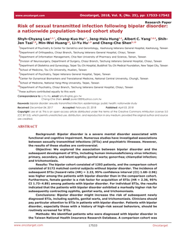 Risk of Sexual Transmitted Infection Following Bipolar Disorder: a Nationwide Population-Based Cohort Study