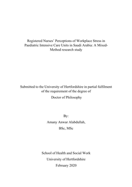 Registered Nurses' Perceptions of Workplace Stress in Paediatric