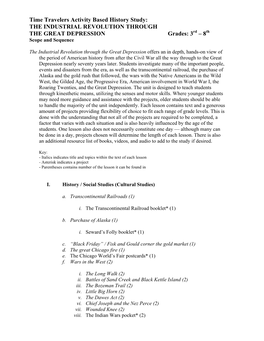 Time Travelers Activity Based History Study: the INDUSTRIAL REVOLUTION THROUGH the GREAT DEPRESSION Grades: 3Rd – 8Th Scope and Sequence