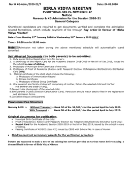 BIRLA VIDYA NIKETAN PUSHP VIHAR, SEC-IV, NEW DELHI-17 Notice Nursery & KG Admission for the Session 2020-21 General Category