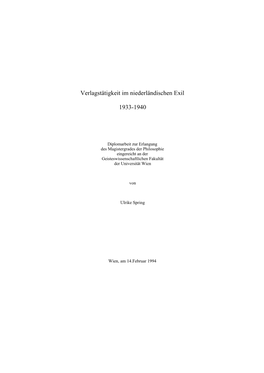 Verlagstätigkeit Im Niederländischen Exil 1933-1940