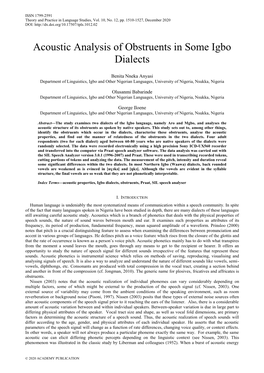 Acoustic Analysis of Obstruents in Some Igbo Dialects