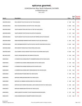 Epicurus Gourmet. 12140 Sherman Way, North Hollywood, CA 91605 in Stock Price List July 4, 2019