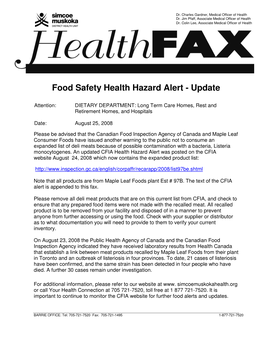 Food Safety Health Hazard Alert - Update