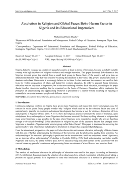 Absolutism in Religion and Global Peace: Boko-Haram Factor in Nigeria and Its Educational Imperatives