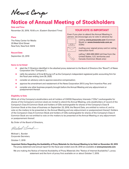 Notice of Annual Meeting of Stockholders Date Andtime November 20, 2019, 10:00 A.M