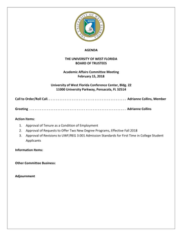 Agenda the University of West Florida Board of Trustees