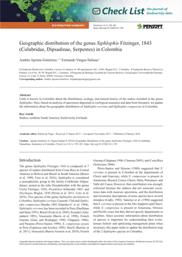 Geographic Distribution of the Genus Siphlophis Fitzinger, 1843 (Colubridae, Dipsadinae, Serpentes) in Colombia