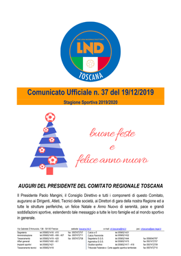 Comunicato Ufficiale N. 37 Del 19/12/2019