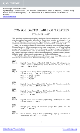 Consolidated Table of Treaties, Volumes 1-125 Edited by Elihu Lauterpacht, C