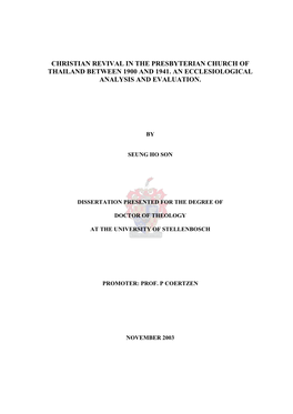 Christian Revival in the Presbyterian Church of Thailand Between 1900 and 1941