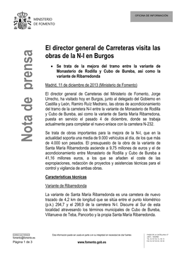 El Director General De Carreteras Visita Las Obras De La N-I En Burgos