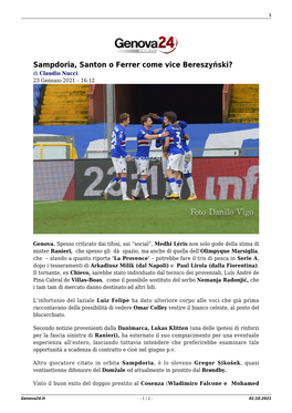 Sampdoria, Santon O Ferrer Come Vice Bereszyński? Di Claudio Nucci 23 Gennaio 2021 – 16:12