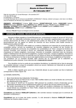 DELIBERATIONS Réunion Du Conseil Municipal Du 4 Décembre 2017