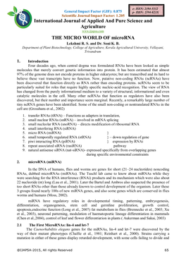 THE MICRO WORLD of Microrna Lekshmi R