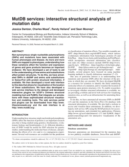 Mutdb Services: Interactive Structural Analysis of Mutation Data Jessica Dantzer, Charles Moad1, Randy Heiland1 and Sean Mooney*