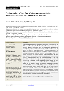 Feeding Ecology of Tiger Fish, (Hydrocynus Vittatus) in the Kalimbeza Channel on the Zambezi River, Namibia