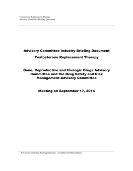 Advisory Committee Industry Briefing Document Testosterone Replacement Therapy