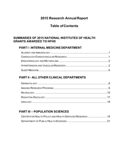 2015 Research Annual Report Table of Contents